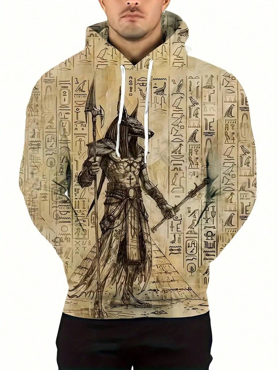 Men's Ancient Egyptian Hieroglyphics & Anubis Hoodie With Egyptian Gods Print (Anubis, Horus, Ra) - Adjustable Hood, Machine Washable, Plus Size Casual Themed Costume Or Casual Attire - Egyptian Text Clothing, PLUS SIZE - Kiểu 1 - Xem 1