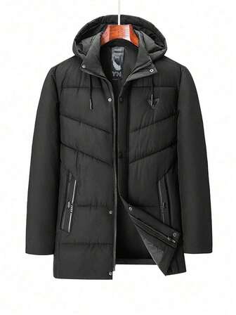 男士休闲时尚连帽加厚中长款外套，秋冬季，抓绒