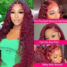 Burgundy 99J Water Wave Lace Front Wigs Human Hair 99J Water Curly Wigs 13x4 HD Lace Frontal Wigs For Human Hair Wine Red Colored Wet And Wavy Curly Wigs Glueless Human Hair Lace Front Wigs 250% Density - S99J - 查看 4