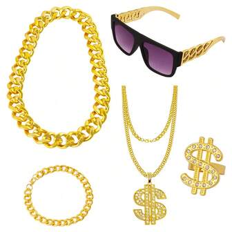 Hip Hop Bling Outfit Accessories Set - Dollar Pendant Necklace, Rhinestone Dollar Ring, Gold Chain Sunglasses, Gold Watch, Exaggerated Punk Hip Hop Decorations