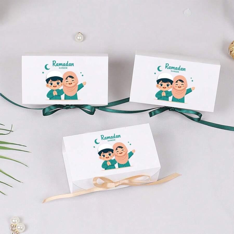 10 piezas Cajas de regalo rectangulares para empaquetar galletas y dulces con patrones infantiles, cajas de regalo para Eid decoradas con cintas para fiestas musulmanas - ladrillos cuadrados - Ver 1