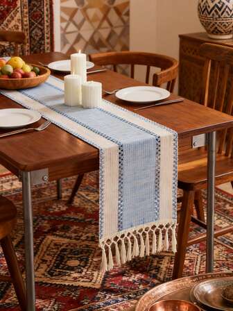 Camino de mesa a rayas estilo nórdico-bohemio: tejido a mano con flecos para mesas de comedor, mesas de café redondas y decoración rústica del hogar, perfecto para recepciones de bodas, fiestas al aire libre y decoración del Día de San Valentín, diseño rectangular para decoración del hogar y restaurantes, centro de mesa para comedor, accesorio decorativo para comedor, artículo de decoración rústica, tejido intrincado, tela duradera