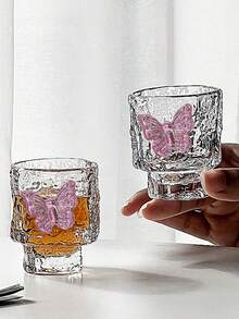 1 pieza/2 piezas Vaso de vino mini con diseño de mariposa martillado estilo Ins, taza de té para el hogar, vaso de chupito para licores, vaso de chupito con diseño de mariposa para bebidas espirituosas - transparente - Ver 6