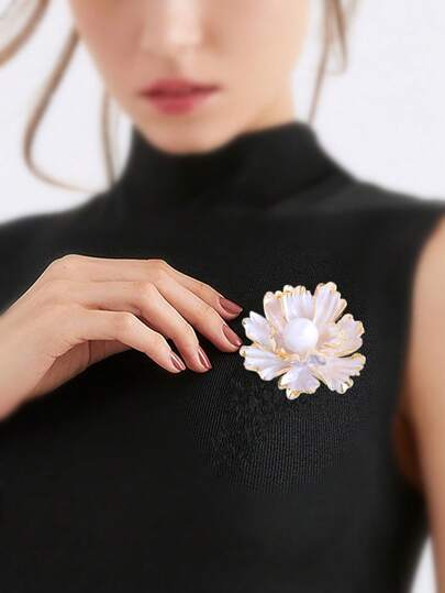 1pc Vintage Enamel Flower Brooch With Faux Pearl, Elegant Lapel Pin For Women Clothing Decoration