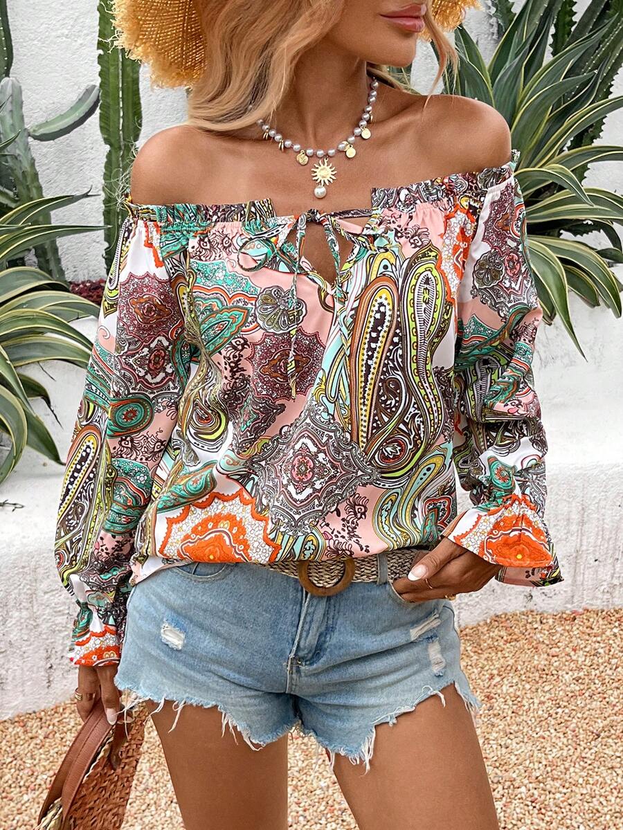 女士花卉印花露肩休闲度假长袖衬衫，夏季 - 彩色 - 查看 1