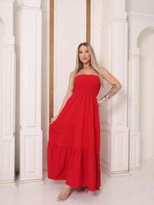 Vestido Longo Sem Alças Corpo Plissado Duna Saia 3 Marias