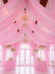 1pc 393 Inch Pink Sheer Curtain, Long Solid Color Chiffon Fabric, Lightweight And Translucent Texture, Excellent Drape Effect, Suitable For Multiple Decoration Scenes - Pink - View 1