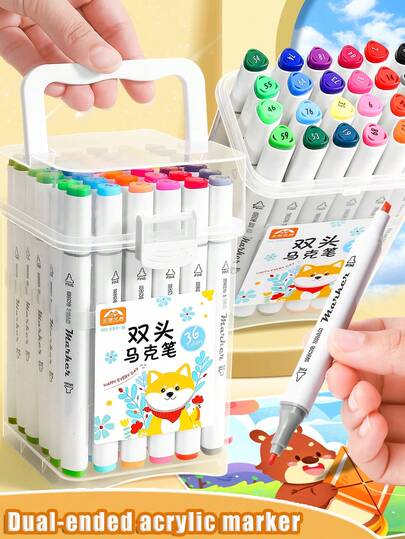1 Box Of 12/24/36/48 Colors Dual Tip Markers, Fine & Broad Tip Design, High-Quality Fiber Nibs, Smooth Ink, Suitable For Coloring, Painting And Accounting, Marker Set