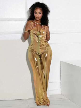 Gold Backless Sleeveless Jumpsuit, Made Of High-Stretch Knit Fabric, Decorated With Draped Knot Detail.