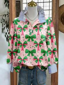 Chemise de Noël, automne/hiver élégante et confortable. Caractéristiques : imprimé d'un nœud de Noël vert avec un ajustement décontracté et confortable. Le col et les poignets présentent des panneaux en tissu rayé. Décolleté en V avec boutons pour un devant à moitié ouvert. Manches longues. Chemise ample. - Rose bonbon - Voir 1