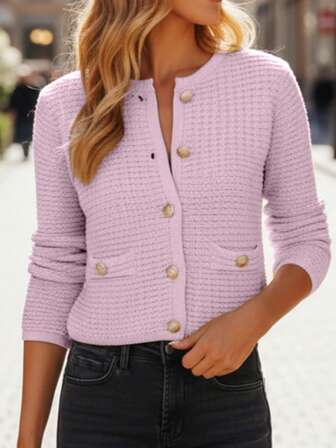 时尚纽扣针织开衫 - 休闲长袖，纯色，女士秋冬服装时尚毛衣
