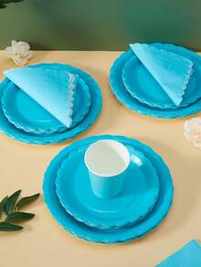 100/75/25/10入淺藍色花瓣造型一次性餐盤餐巾紙杯，淺藍色餐盤、餐巾紙與杯子派對用品，適合25位賓客，一次性紙盤派對餐具適用於生日婚禮派對家庭野餐 - 淺藍色 - 查看 4