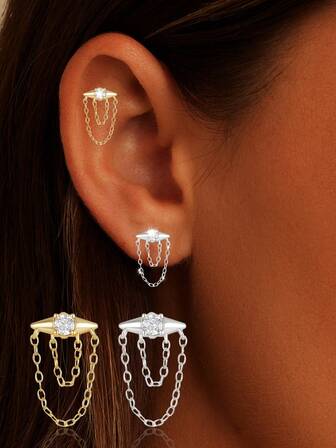 Single S925 Sterling Silver Diamond-Accented Chain Earring - Daily Versatile, Fashion-Forward, Perfect Gift For Girlfriend, Mom & BFF