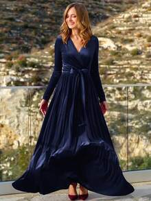 Women's Solid Color Christmas Elegant Vintage Party Tie Front Bow Velvet Dress, Autumn/Winter, Suitable For Holiday, Wedding, Formal Dinner, Date, Birthday Party, Garden Party, Photo Shoot, Valentine's Day, New Year - Royal Blue - View 9