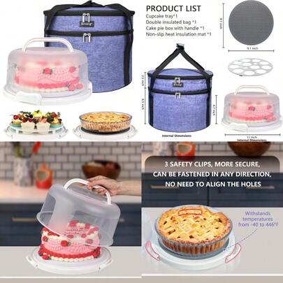 New Round Cake Carrier Box With Lid And Handle Transportation Insulated Bag For Cakes Cupcakes And Pies Triple Locking Design For  Transportation Purple 10 * 10 * 5.5 Inch