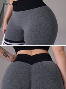 Plus Size High Waist Seamless Leggings, Striped Print, Full Length, High Elasticity Yoga Pants - Black and White - View 11