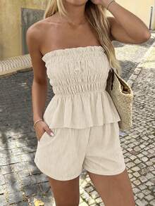 Vaiaye 女士夏威夷波西米亚热带海滩度假两件套——单肩条纹荷叶边简约日常抹胸上衣和短裤，非常适合约会、下午茶、假期、音乐节和圣诞节。