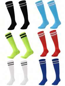 6 Pairs Youth Team Sports Over-The-Knee Socks, Children's Football Socks. Youth & Teen Over-The-Knee Sports Soccer, Gym Socks For Children, Solid Color & Striped, Suitable For Boys & Girls Aged 8-12 - Black - View 11