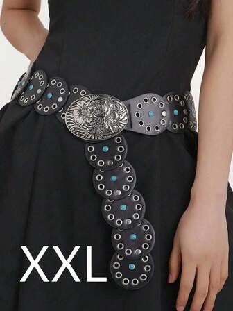 Y2K 波西米亚风雕花印花扣铆钉拼布装饰西部复古腰带配饰，适合裙子、音乐节、派对