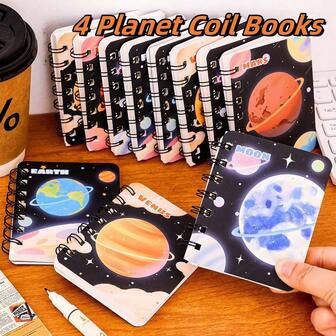 4 cuadernos de estudiante con tapa de espiral con temática planetaria, mini cuadernos, planificador de bolsillo, cuadernos de dibujos animados A7, cuadernos, papelería