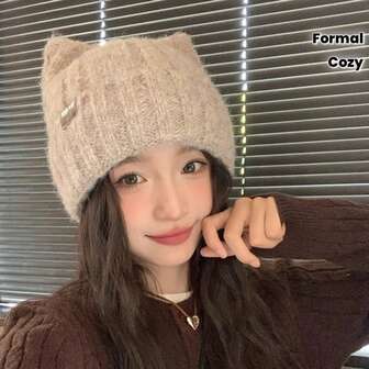 Cat Ear Women's Hat, Warm Knitted Cap For Winter, Casual Versatile Hat, Fashionable Travel Hat, Outdoor Cat Headwear, Daily Accessory For Winter, Suitable For Work, Dates, Shopping Malls, And An Ideal Christmas Gift