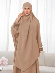 مجموعة حجاب + عباية مسلمة 2 قطعة، قماش نيدا أحادي اللون، لطيف على البشرة وقابل للتنفس، خمار طويل مزدوج الطبقة، مناسب للنساء المسلمات للارتداء اليومي والصلاة، جميع الفصول