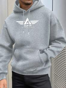 Sudadera con capucha para hombre de alta resistencia con estampado gráfico Alpha Industrial - Diseño inspirado en la aviación, bolsillo canguro y capucha con cordón, de poliéster cálida para uso al aire libre en otoño/invierno, jersey casual para hombre, ropa de otoño invierno - Gris - Ver 1