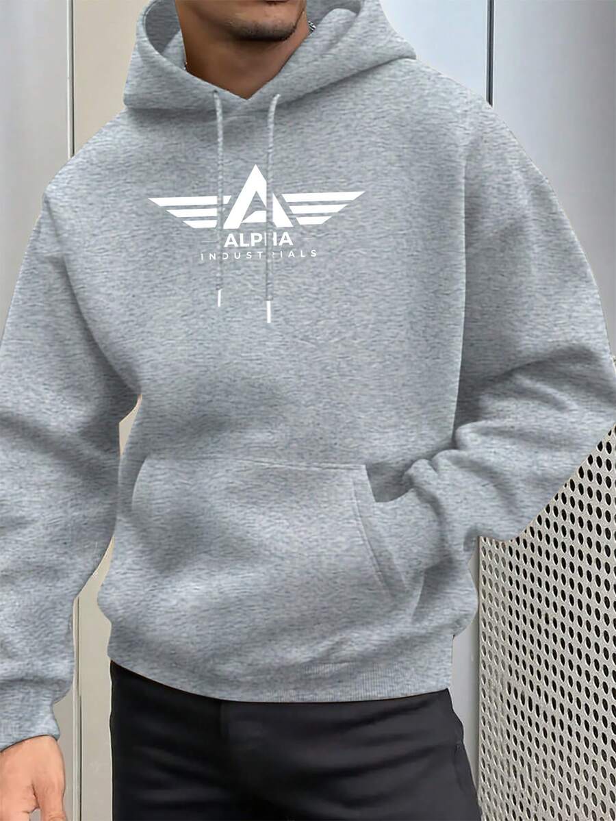 Sudadera con capucha para hombre de alta resistencia con estampado gráfico Alpha Industrial - Diseño inspirado en la aviación, bolsillo canguro y capucha con cordón, de poliéster cálida para uso al aire libre en otoño/invierno, jersey casual para hombre, ropa de otoño invierno - Gris - Ver 1