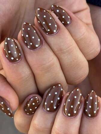 24pcs Brown Nail Stickers, White Polka Dot Pattern, Short Almond-Shaped Nail Art Set, Includes 1 Adhesive Sticker Sheet And 1 Mini Nail File, Suitable For Everyday Wear