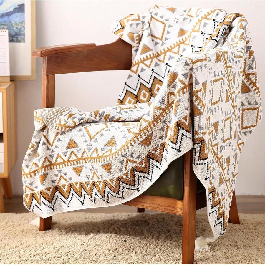 橙色图案针织流苏毯，柔软轻盈空调毯（适用于沙发、长椅、床和客厅） - 四季皆宜（黄橙色）