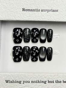 10 móng tay giả vuông thủ công, móng acrylic dán, cỡ trung bình, màu đen nhẹ nhàng, kiểu mắt mèo nổi bật, đính kim tuyến, hoa nhỏ đính đá lấp lánh hình ngôi sao, móng tay mùa thu, móng tay giả thủ công sang trọng đơn giản thanh lịch, kiểu dáng hiện đại, đa năng, tự làm móng nghệ thuật, dùng hàng ngày, dự tiệc và hẹn hò, phù hợp cho kỳ nghỉ biển, nhiệt đới, có thể tái sử dụng, làm quà tặng cho phụ nữ và bé gái, dụng cụ làm móng, móng tay giả thủ công. - màu đen - Xem 2