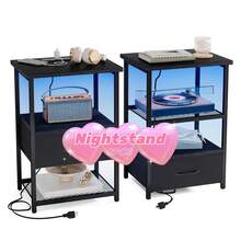 Tomnk Night Stand Set Of 2 With Charging Station, LED Nightstand With Fabric Drawers, End Table With PU Finish, Bed Side Table, Black - Xem 1