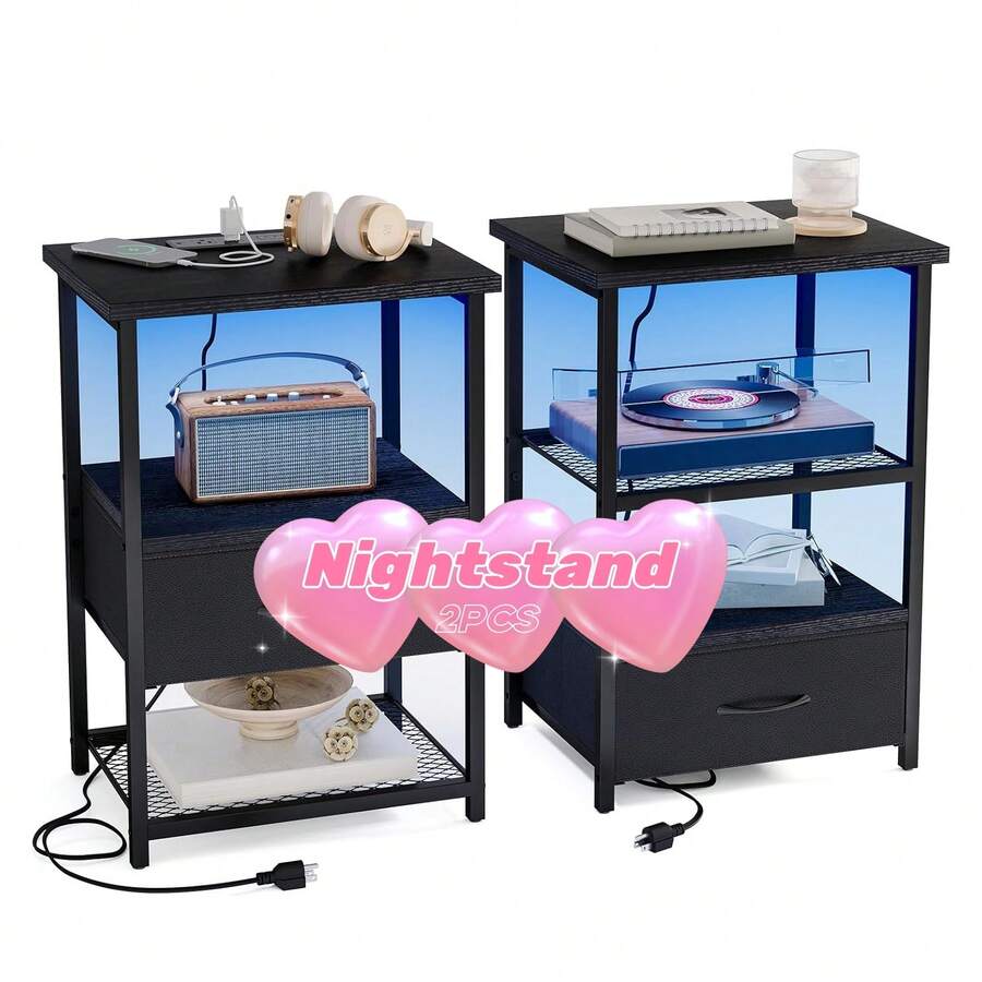 Tomnk Night Stand Set Of 2 With Charging Station, LED Nightstand With Fabric Drawers, End Table With PU Finish, Bed Side Table, Black - Xem 1