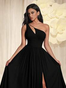 Elegant Black One-Shoulder Chiffon High Slit Long Formal Evening Gown,Women Formal & Evening Dresses, Prom Dresses For Women,Glamorous, Classic Wedding Spring - Black - View 7
