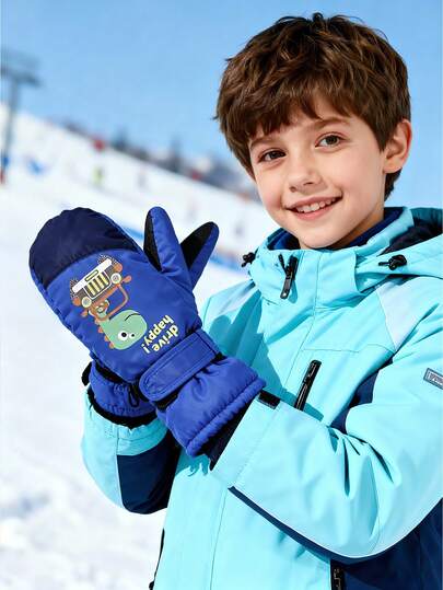 1 Pair Toddler Boys Thermal Lined Ski Mittens (3-8 Years) - Water-Resistant Windproof Dinosaur Print Winter Gloves With Hook & Loop Closure For Outdoor Snow Play