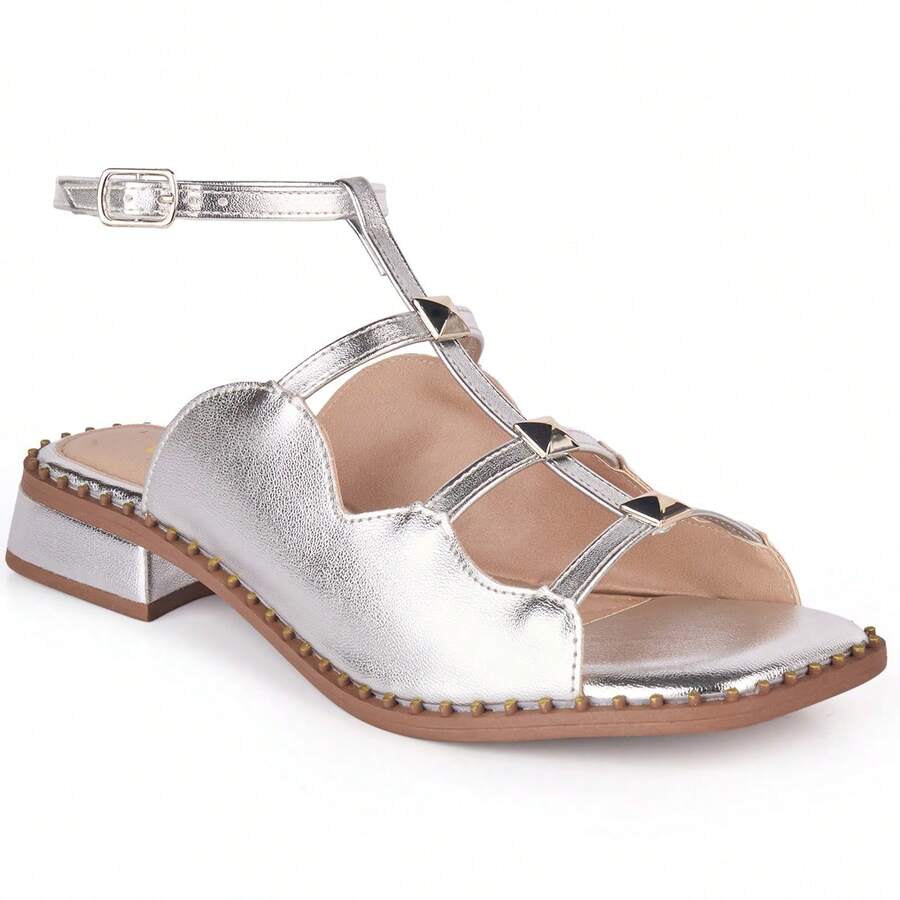 Vitrine shoes Low Heel Boho Chic Sandals - Summer Casual Shoes - Silver - View 1