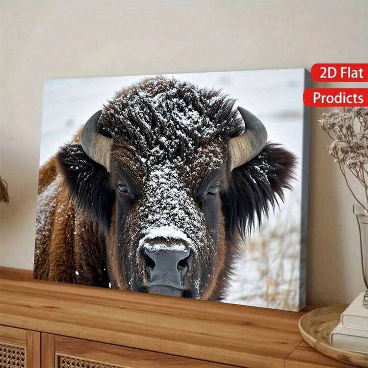 2D Plano, 1 Pieza Arte de Pared de Bisonte Americano de Invierno - Marco de Madera Sólida, Póster de Lienzo Envuelto, Fotografía Realista de Vida Silvestre de Bisonte de América del Norte, Decoración Exterior Adecuada para el Hogar - Bisonte de Nieve, Adecuado para Sala de Estar, Oficina, Cabaña - Amantes de la Naturaleza, 2D Plano - Multicolor - Añade 6