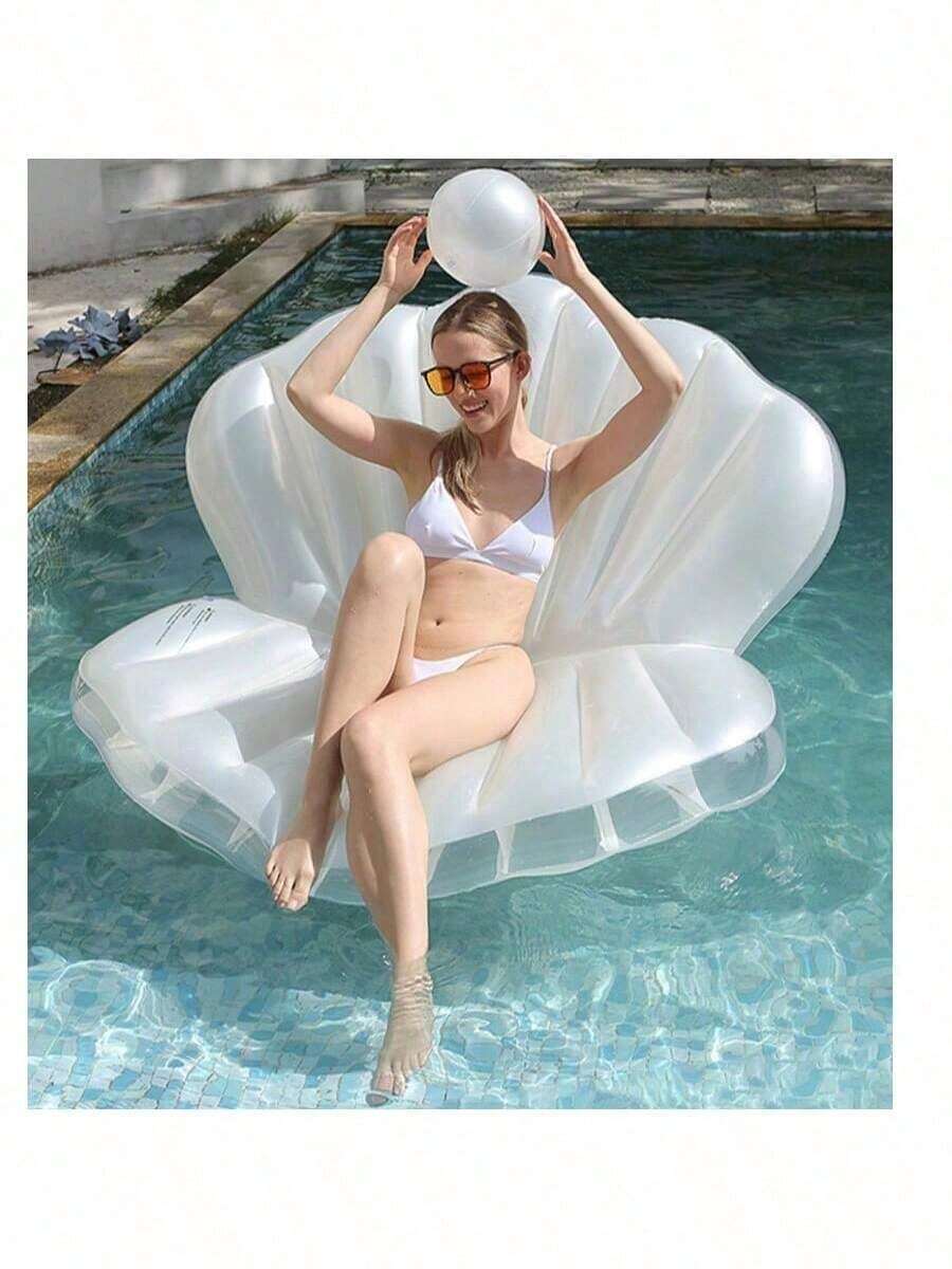 Inflatable Shell Pool Float, Giant Clam Shaped Inflatable Float With Pearl Balls, Shell Shaped Pool Floating Chair, Suitable For Adult Summer Beach Party - White - View 1