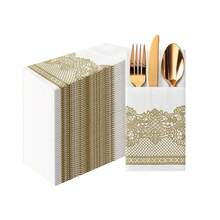 PAW - Linen Feel Napkins With Built-In Flatware Pocket, Soft And Absorbent Paper Pre-Folded Napkins With Gold Lace, Elegant Guest Towels, Wedding Party, Dinner, Birthday, Gatherings, 50 Count,Flatwpkins,RoyalLaceGold - RoyalLaceGold - 查看 1