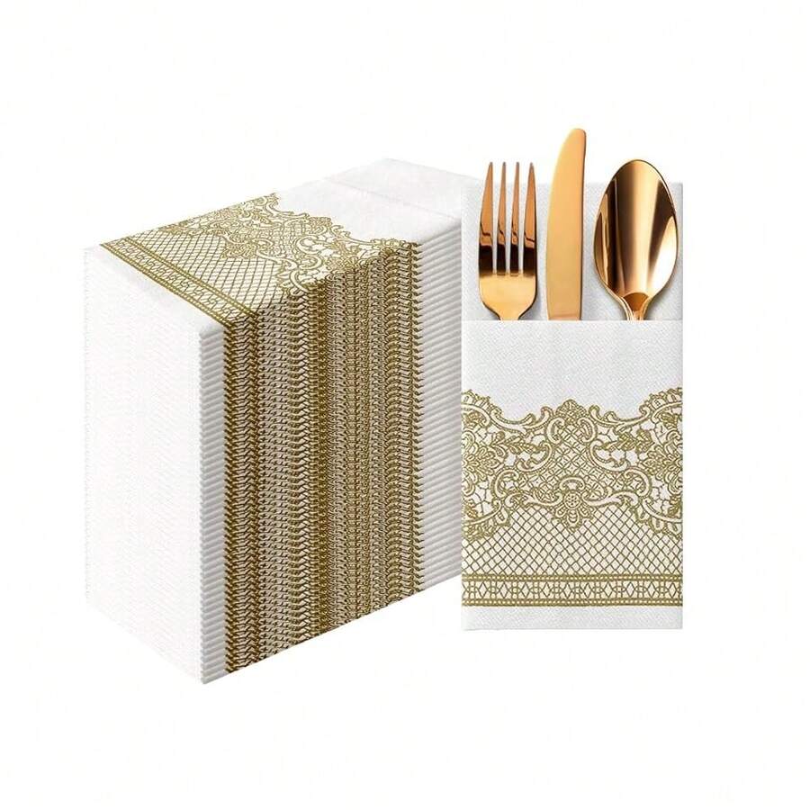 PAW - Linen Feel Napkins With Built-In Flatware Pocket, Soft And Absorbent Paper Pre-Folded Napkins With Gold Lace, Elegant Guest Towels, Wedding Party, Dinner, Birthday, Gatherings, 50 Count,Flatwpkins,RoyalLaceGold - RoyalLaceGold - 查看 1