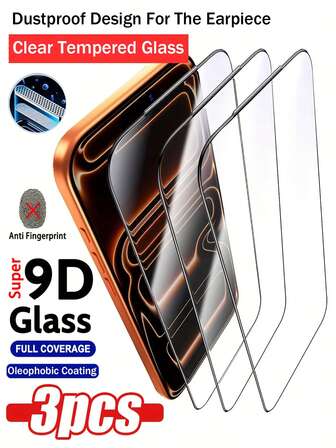 3片装9D全覆盖钢化玻璃膜，兼容 17/16/15/14 Plus/13/12/11 Pro Max/XS/X/XR系列，透明胶水保护膜，透明防刮，安装无气泡，耳机孔防尘设计