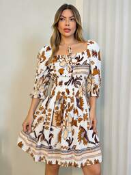 ARCO IRIS Vestido Curto com Manga Bufante e Meia Viscomida Lisa Estampada Lastex Tamanho Único 36-42 Casual Elegante Feminino