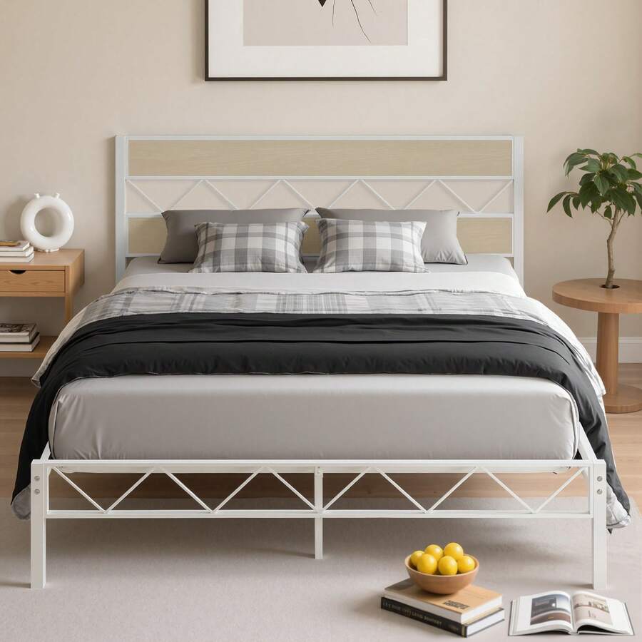 VECELO Double Size Bed Frame With Wooden Headboard, Steel Slat Support, Modern Platform Bed, Easy Assembly