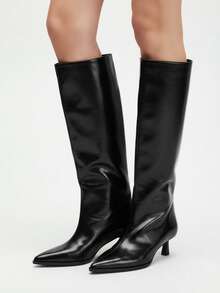 Stivali alti sopra il ginocchio con punta affusolata e tacco sottile, design reversibile con bottoni e patchwork, tacco a rocchetto, novità estate/autunno 2025 per donna - nero - Visualizzare 3