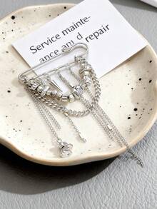 1pc Fashion Asymmetrical Rhinestone Tassel Multi-Chain Brooch Pin, Women's Brooch Lapel Pin, Suitable For Daily, Party, Festival, Valentine's Day Wear, Memorable Gift For Friends, Family, Couples, Fashionable Jewelry - Silver - View 4