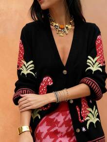 Sea Starshine 2025 女士时尚休闲通勤草坪帽，豹纹提花长袖圆领琥珀色纽扣衬衫，秋冬女装，适合乡村音乐节 - 黑色 - 查看 3