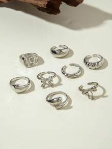 6pcs/8pcs Set Minimalist Chic Metal Geometric Open Band Rings, Unique Personalized Versatile Rings, Perfect Gift For Daily, Casual, Date, Shopping - Multicolor - View 4