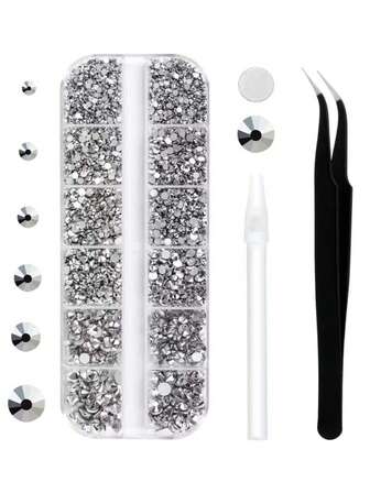 HUETFAT 美甲水钻套装，2400颗银色平底水钻，带收纳盒/蜡笔/镊子，6种尺寸（1.5-4.5毫米），适用于美甲工艺（2400颗）