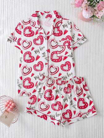 2 st Alla hjärtans dag hjärta & rosett casual pyjamas set för kvinnor, krage knäppt kortärmad topp och elastiska shorts i midjan, eleganta damsovkläder loungewear