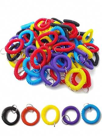 5个装多色塑料弹力螺旋手链腕带钥匙扣，腕带钥匙圈，钥匙链配件，适合作为礼物、钱包、书包、背包和书包的装饰，也适用于婚礼、派对、新娘送礼会、婴儿送礼会、生日派对、单身派对、婚宴、送给家人、老师和员工的礼物。
